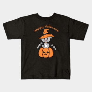 Happy Halloween Cute dog, Kawaii black dog with pumpkin Kids T-Shirt